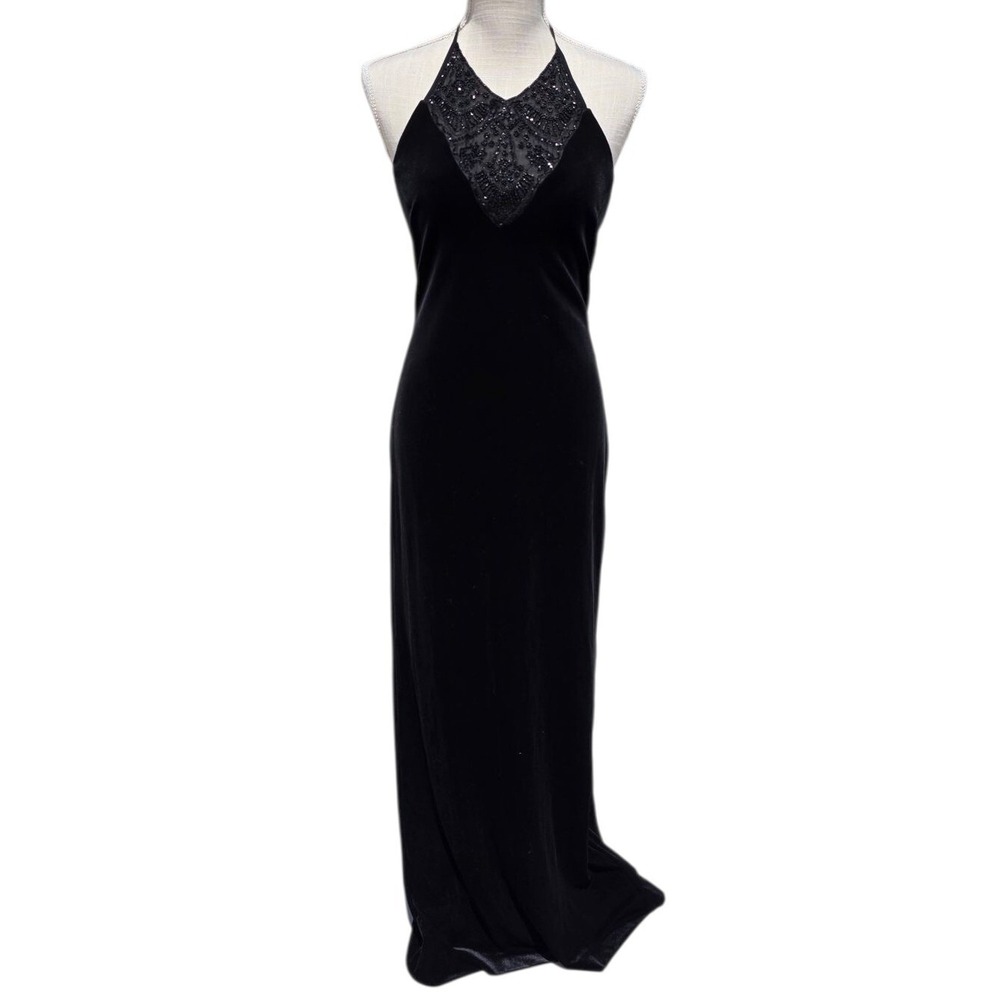 Black Velvet Halter Maxi Dress Beaded Neckline Formal Gown Size 6